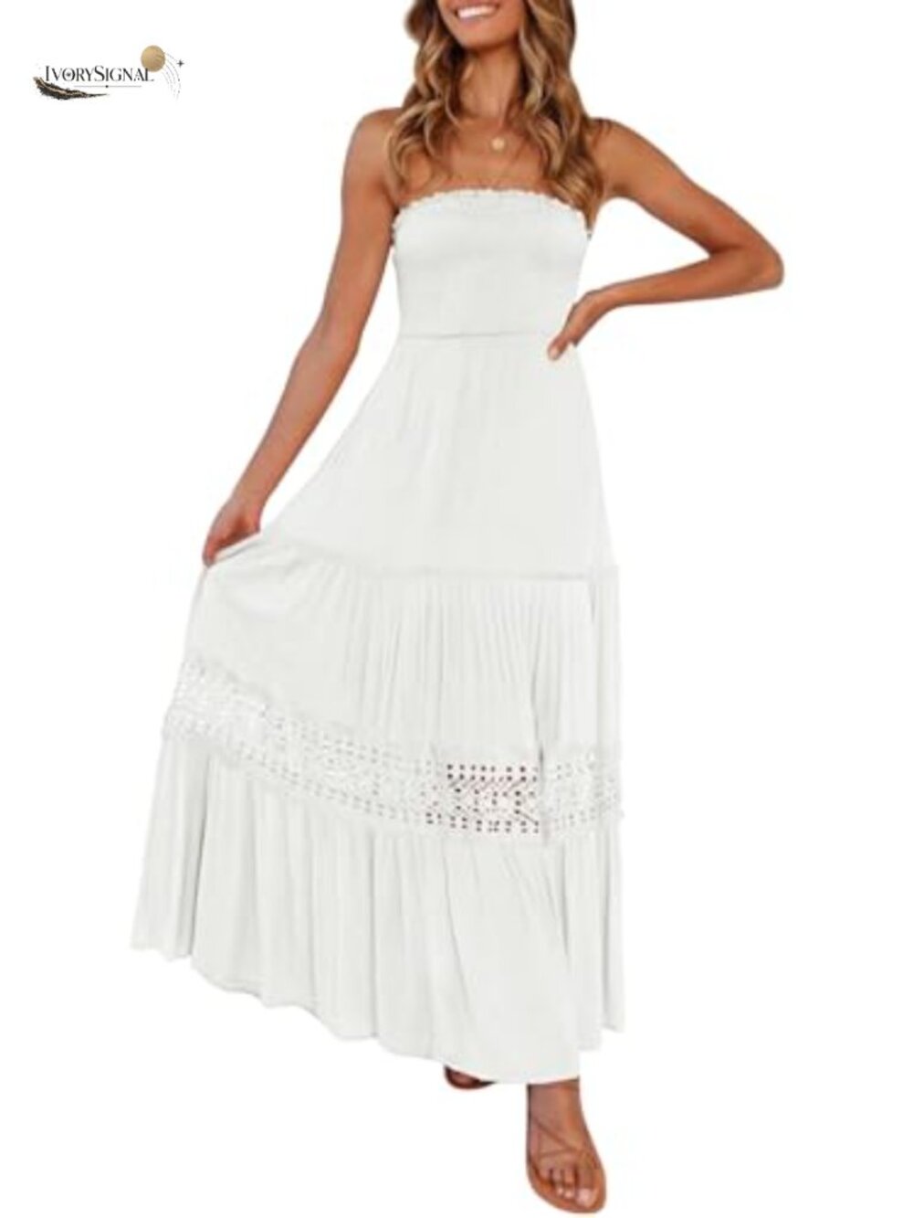 Women's Strapless Boho Maxi Dress Backless Crochet Beach Vacation Formal